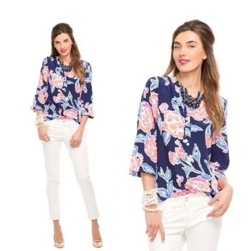 Lilly Pulitzer Top Navy Floral Alexandra Henley Long Sleeve Silk Blouse M